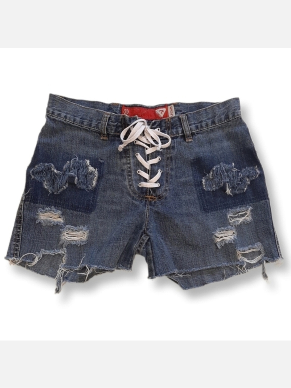 Vintage GUESS Lace Up Cut Off Denim Shorts Distressed Ripped Mini Size 26